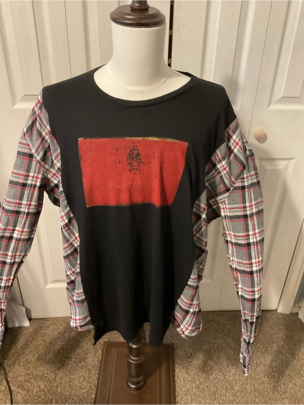 Radiohead Upcycled Graphic T -Shirt with Flannel Sleeves - OSFM